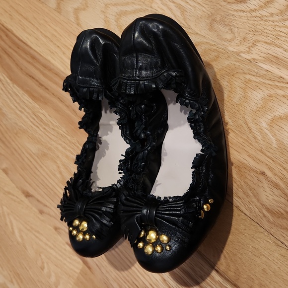 Miu Miu ballet flats size 38.5. Black with fringe and gold studs. - Picture 2 of 7